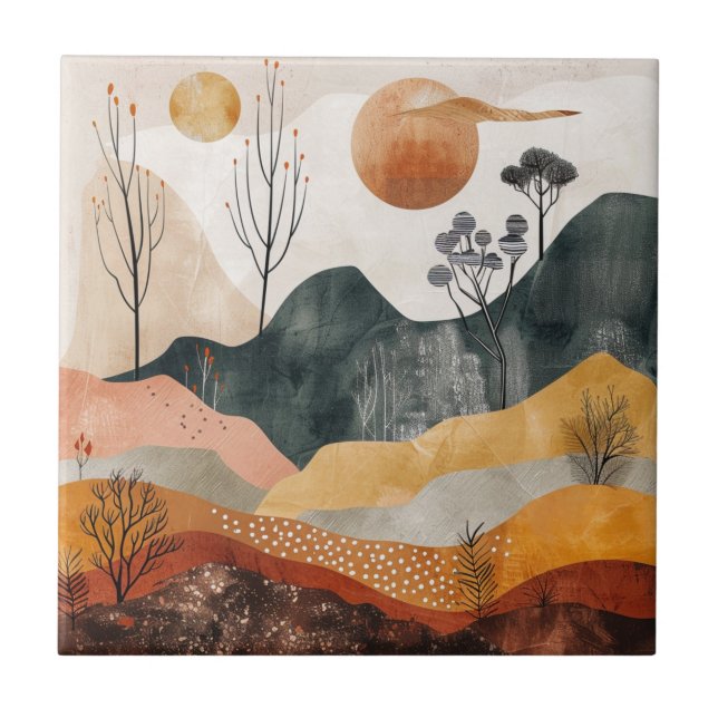 Azulejo De Cerâmica Paisagem Boho Abstrato (15) (Frente)