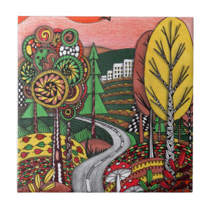 Azulejo De Cerâmica Paisagem Caprichosa de Outono Arte Folclórica em C
