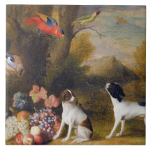 Paisagem com aves exóticas e dois cães