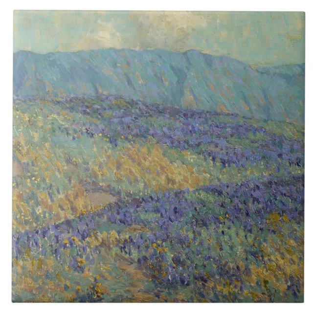 Azulejo De Cerâmica Paisagem com Flores Azuis (por Granville Redmond) (Frente)
