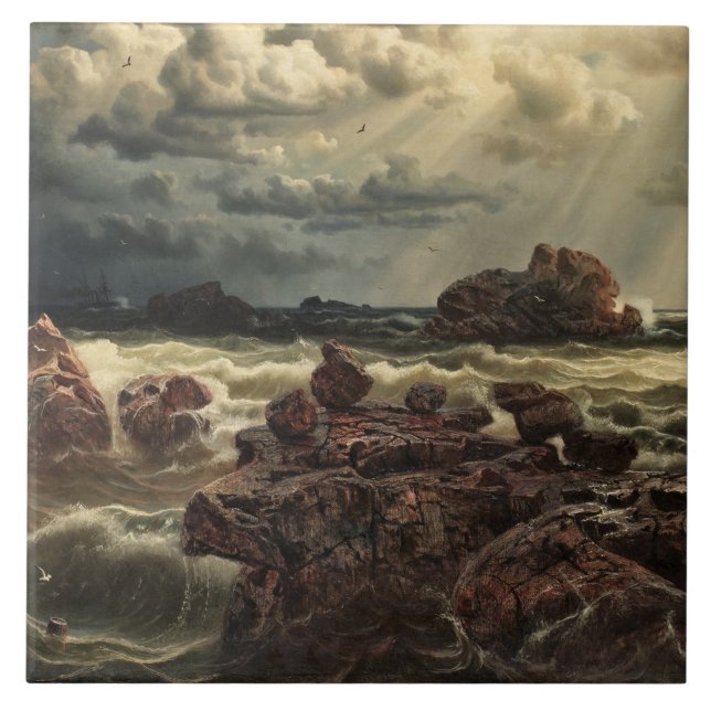 Azulejo De Cerâmica Paisagem Costeira com Navios no Horizonte (Frente)