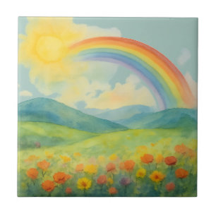 Azulejo De Cerâmica Paisagem de Arco-Íris em Aquarela com Sol e Flores