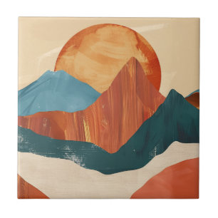 Azulejo De Cerâmica Paisagem de Boho Abstrato Mountain com Sol