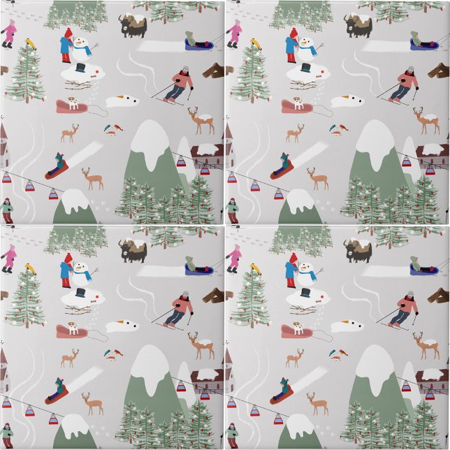 Azulejo De Cerâmica Paisagem de Esqui de Montanha de inverno com Esqui (Winter Snow Skiing Mountain Ski Slopes Landscape Ceramic Tile)