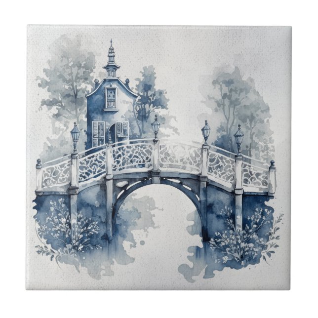 Azulejo De Cerâmica Paisagem de estilo Delft azul e branco (Frente)