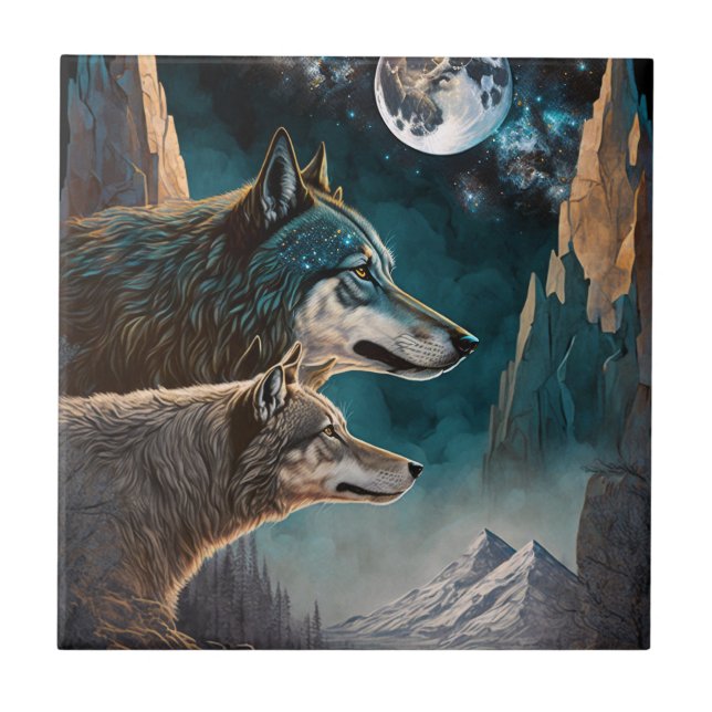 Azulejo De Cerâmica Paisagem de Fantasia de Lobos Cheios de Lua (Frente)