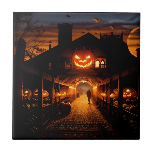 Azulejo De Cerâmica Paisagem de Halloween Cinco (Frente)
