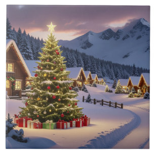 Azulejo De Cerâmica Paisagem de luzes de Natal com neve