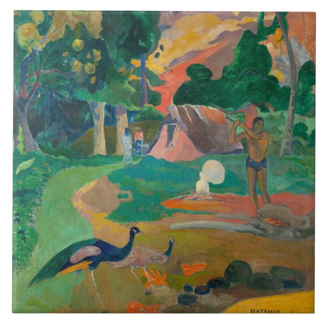 Azulejo De Cerâmica Paisagem de Paul Gauguin Matamoe com Peacocks (Frente)