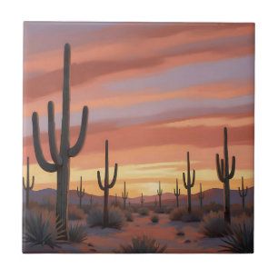Azulejo De Cerâmica Paisagem do Cacto Saguaro no Pôr do Sol do Deserto