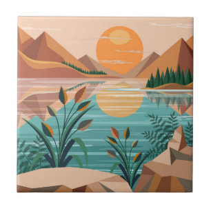 Azulejo De Cerâmica Paisagem do pôr do sol no lago da montanha pacífic
