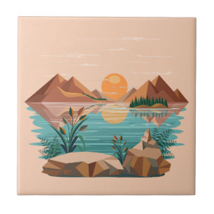 Azulejo De Cerâmica Paisagem do pôr do sol no lago da montanha pacífic