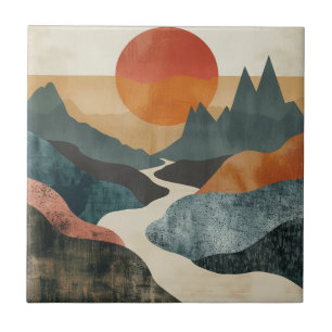 Azulejo De Cerâmica Paisagem do rio do pôr do sol da montanha azul ter