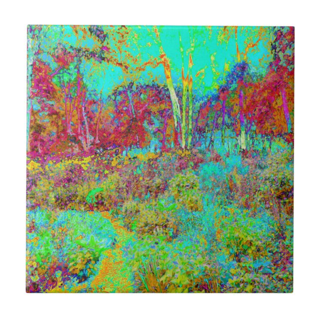 Azulejo De Cerâmica Paisagem Dourada do outono psicodélico e do jardim (Frente)