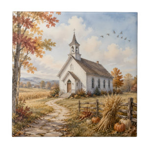 Azulejo De Cerâmica Paisagem em Aquarela de Igreja Rural de Outono