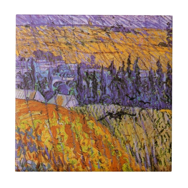 Azulejo De Cerâmica Paisagem em Auvers, em Chuva, por Vincent van Gogh (Frente)