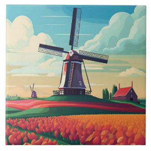 Azulejo De Cerâmica Paisagem Holandesa Moinho de Vento Campo de Tulipa
