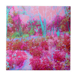 Azulejo De Cerâmica Paisagem Impressionista de Jardim Vermelho e Rosa