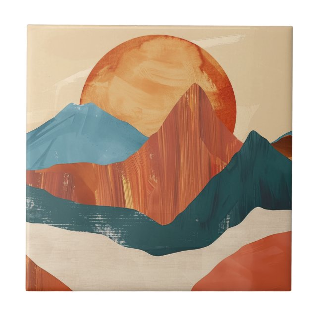 Azulejo De Cerâmica Paisagem Montanhosa Abstrata Boho com Sol (Frente)