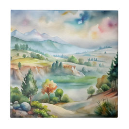 Azulejo De Cerâmica Paisagem Montanhosa Aquarela
