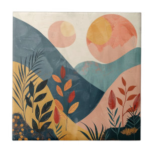 Azulejo De Cerâmica Paisagem Montanhosa Boho de Sóis Gêmeos em Azul Tu