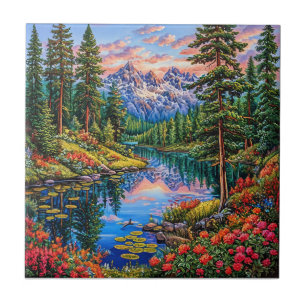 Azulejo De Cerâmica Paisagem Montanhosa Vibrante com Reflexo