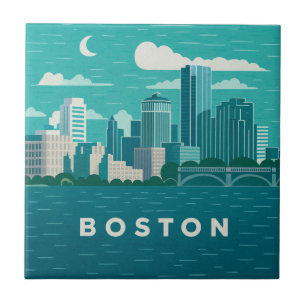Azulejo De Cerâmica Paisagem Noturna da Cidade de Massachusetts   Cida