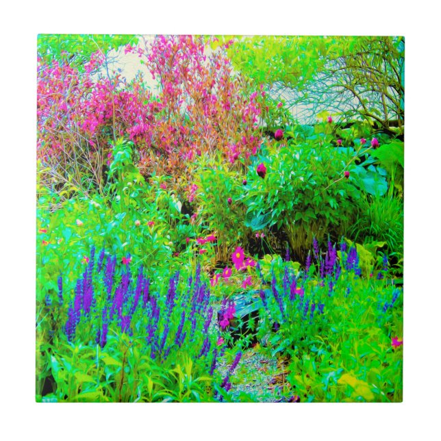 Azulejo De Cerâmica Paisagem Primavera verde do jardim com peônias (Frente)