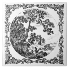 Azulejo De Cerâmica Paisagem Rural Holandesa Delft Preto e Branco Vint