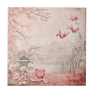 Azulejo De Cerâmica Paisagem Serena de Flor de Cerejeira Rosa (1)