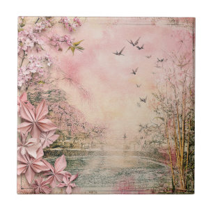 Azulejo De Cerâmica Paisagem Serena de Flor de Cerejeira Rosa (8)