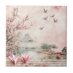 Azulejo De Cerâmica Paisagem Serenidade Flor de Cerejeira Rosa (2)