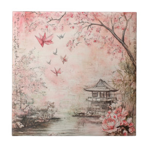 Azulejo De Cerâmica Paisagem Serenidade Flor de Cerejeira Rosa (6)