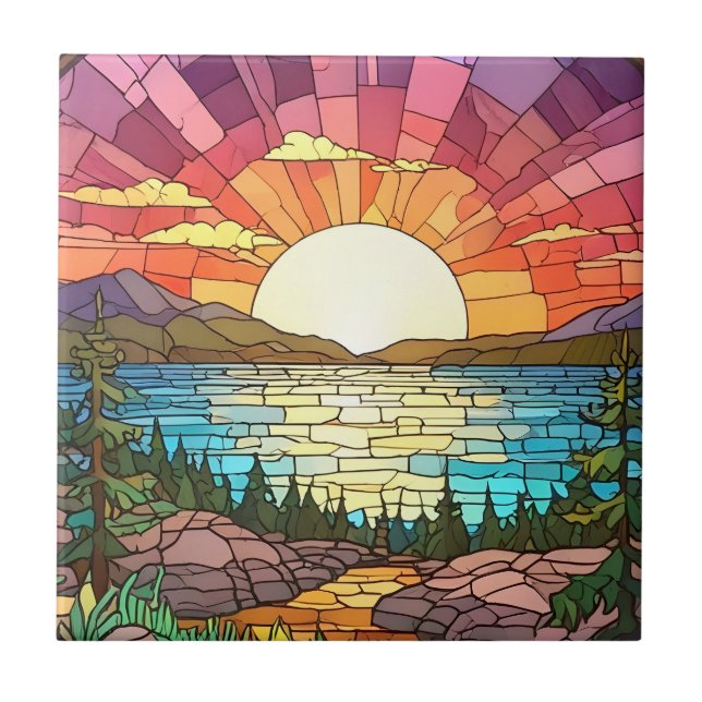 Azulejo De Cerâmica Paisagem solar colorida Vidro escondido Faux (Frente)