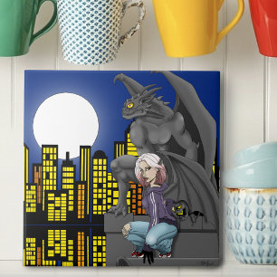Azulejo De Cerâmica Paisagem Urbana de Fantasia Urbana com Gárgula