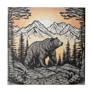 Azulejo De Cerâmica Paisagem Urso e Natureza das Montanhas