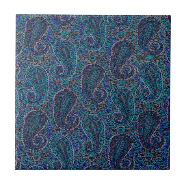 Azulejo De Cerâmica Paisley Azul Indiano Boho Clássico Vintage (Frente)