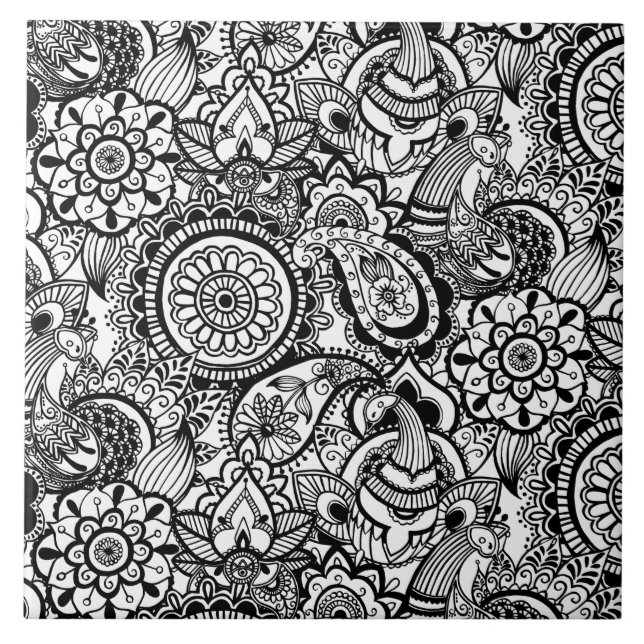 Azulejo De Cerâmica Paisley branco-preto-branco (Frente)