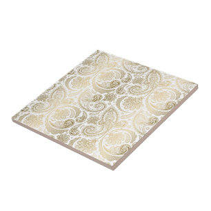 Azulejo De Cerâmica Paisley Floral Branco E Dourado 2