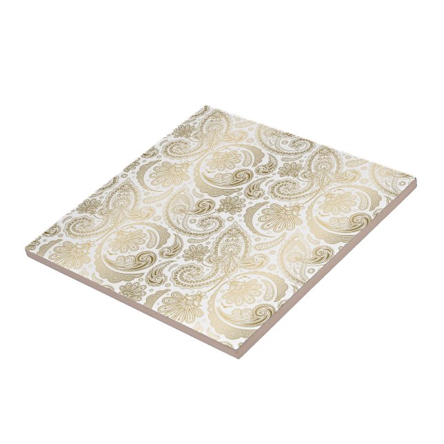 Azulejo De Cerâmica Paisley Floral Branco E Dourado 2 (Lateral)