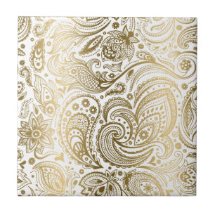 Azulejo De Cerâmica Paisley Floral Branco E Dourado 3