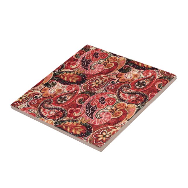 Azulejo De Cerâmica Paisley Floral, Vermelho, Rosa e Preto (Lateral)