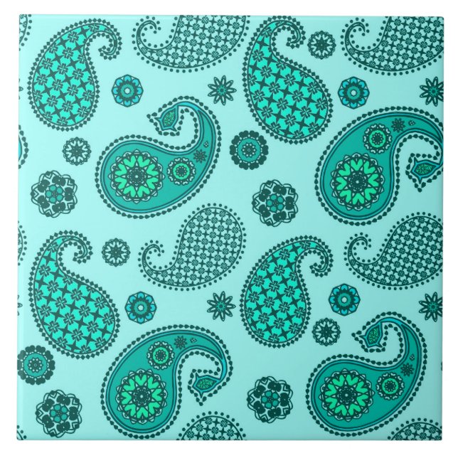 Azulejo De Cerâmica Paisley Pattern, Aqua e Turquoise (Frente)
