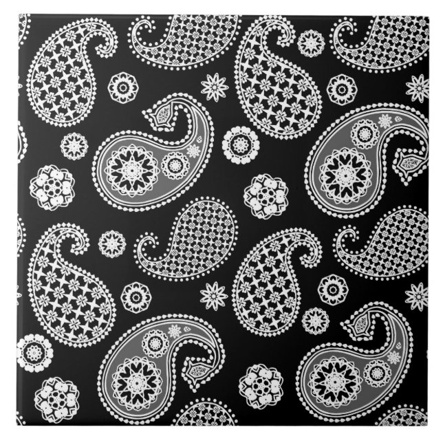 Azulejo De Cerâmica Paisley Pattern, Preto e Branco (Frente)