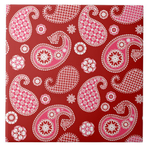 Azulejo De Cerâmica Paisley Pattern, Vermelho Escuro, Branco e Rosa Co
