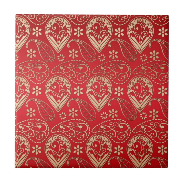 Azulejo De Cerâmica Paisley Vermelho E Dourado Pálido (Frente)