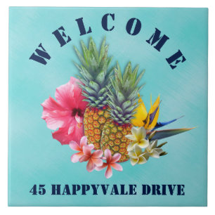Azulejo De Cerâmica Palavra de boas-vindas do abacaxi tropical
