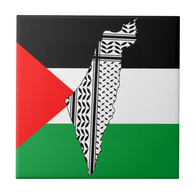 Azulejo De Cerâmica Palestina - Bandeira e Mapa com Padrão Keffiyeh (Frente)