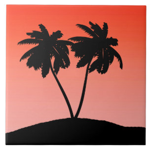 Azulejo De Cerâmica Palm Tree Silhouette em Laranja Sunset