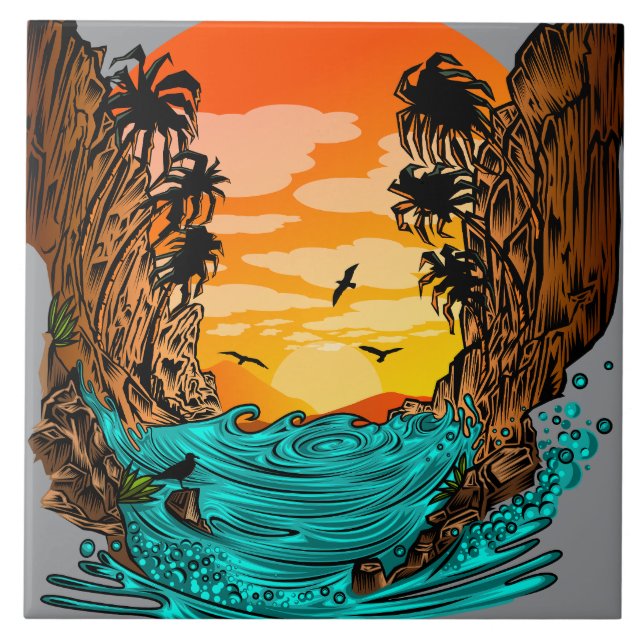 Azulejo De Cerâmica Palm Tree Sunset (Frente)